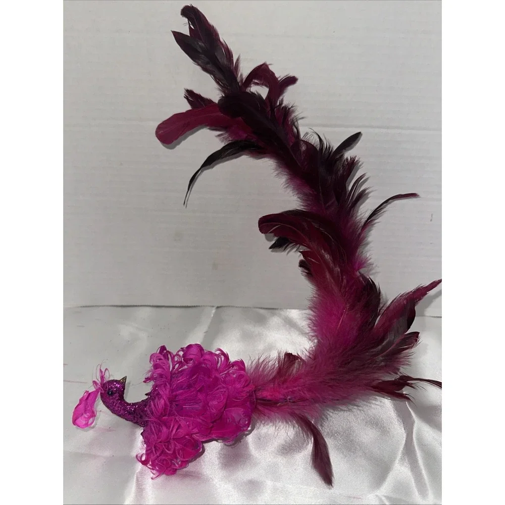 Pink Purple Glitter Peacock Feather Christmas Ornament Clip On Long Tail 16 Inch